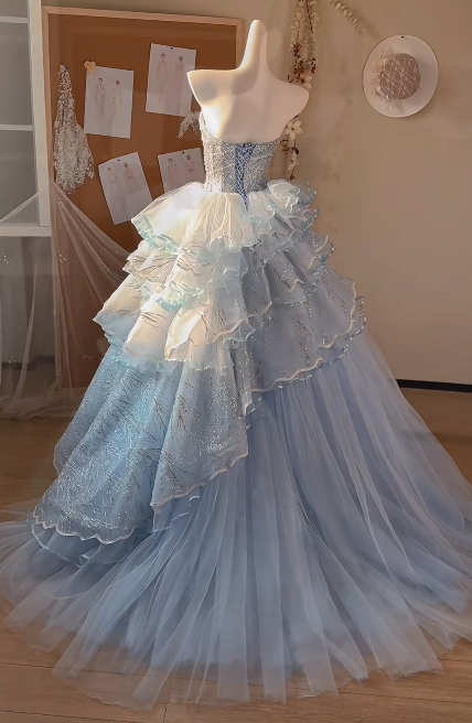 Shiny Ball Gown Strapless Tiered Tulle Sequin Beaded Without Sleeves Long Prom Dress,Evening Dress GG5522