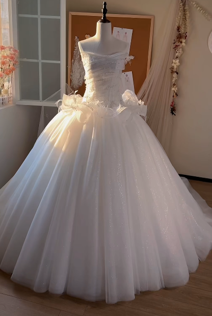 Obsessed White  Ball Gown Strapless Tulle Sequin Beaded Without Sleeves Long Prom Dress,Evening Dress GG5523