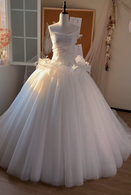 Obsessed White  Ball Gown Strapless Tulle Sequin Beaded Without Sleeves Long Prom Dress,Evening Dress GG5523