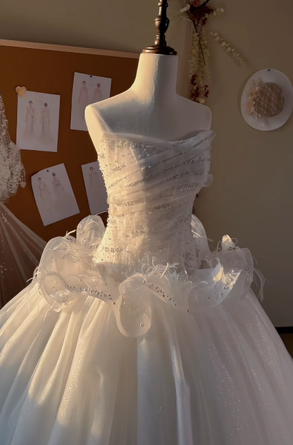 Obsessed White  Ball Gown Strapless Tulle Sequin Beaded Without Sleeves Long Prom Dress,Evening Dress GG5523