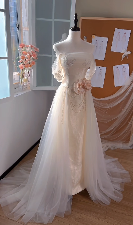 Pretty A Line Off The Shoulder Satin Tulle Train Beaded Without Sleeves Long Prom Dress,Evening Dress GG5524