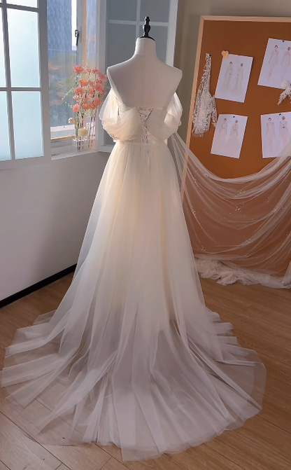 Pretty A Line Off The Shoulder Satin Tulle Train Beaded Without Sleeves Long Prom Dress,Evening Dress GG5524