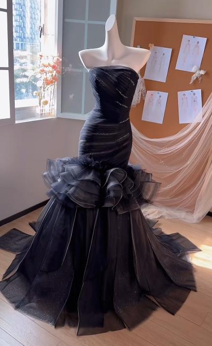 Chic Mermaid Strapless Tulle Beaded Without Sleeves Long Prom Dress,Evening Dress GG5525