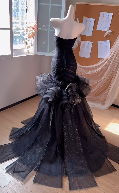 Chic Mermaid Strapless Tulle Beaded Without Sleeves Long Prom Dress,Evening Dress GG5525