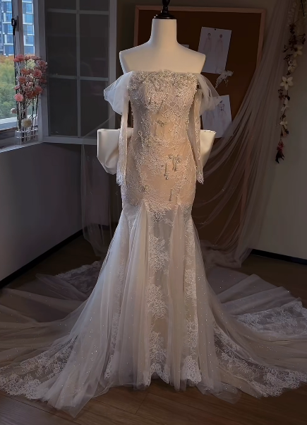 Gorgeous Mermaid Off The Shoulder Tulle Lace Pearl Beaded Without Sleeves Long Prom Dress,Evening Dress GG5526