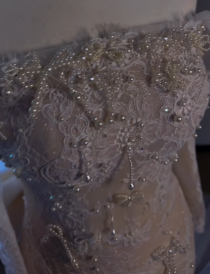 Gorgeous Mermaid Off The Shoulder Tulle Lace Pearl Beaded Without Sleeves Long Prom Dress,Evening Dress GG5526