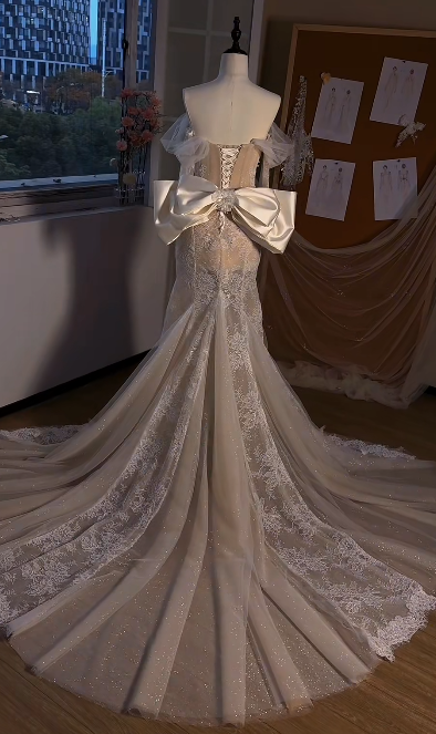 Gorgeous Mermaid Off The Shoulder Tulle Lace Pearl Beaded Without Sleeves Long Prom Dress,Evening Dress GG5526