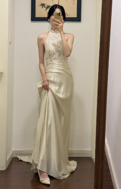 Classy A Line Halter Satin Lace Without Sleeves Long Prom Dress,Evening Dress GG5528