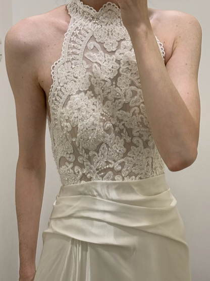 Classy A Line Halter Satin Lace Without Sleeves Long Prom Dress,Evening Dress GG5528