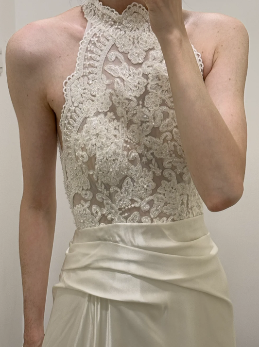 Classy A Line Halter Satin Lace Without Sleeves Long Prom Dress,Evening Dress GG5528