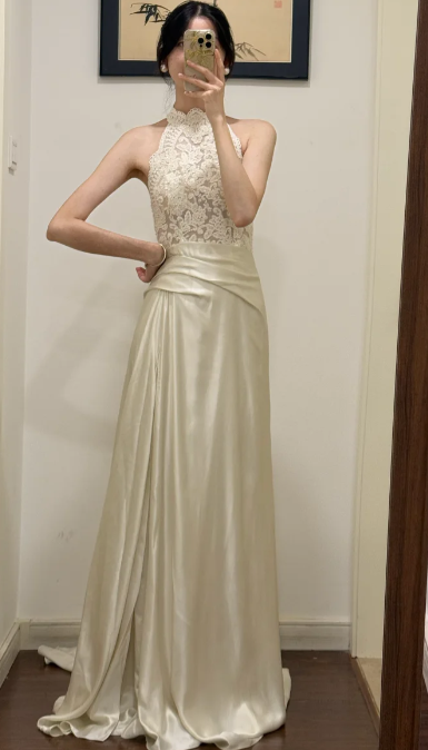 Classy A Line Halter Satin Lace Without Sleeves Long Prom Dress,Evening Dress GG5528