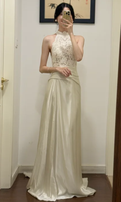 Classy A Line Halter Satin Lace Without Sleeves Long Prom Dress,Evening Dress GG5528