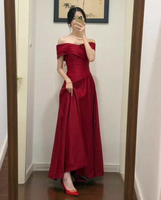Formal A Line Burgundy Off The Shoulder Satin Without Sleeves Long Prom Dress,Evening Dress GG5529