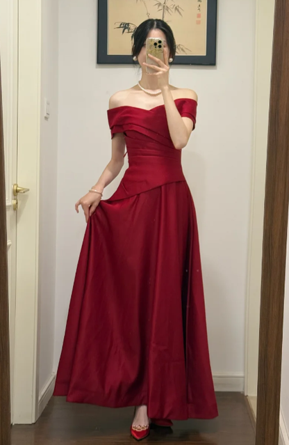 Formal A Line Burgundy Off The Shoulder Satin Without Sleeves Long Prom Dress,Evening Dress GG5529