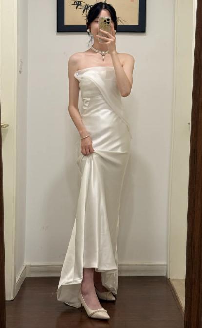 Chic Mermaid Strapless Satin Tulle Without Sleeves Long Prom Dress,Evening Dress GG5530