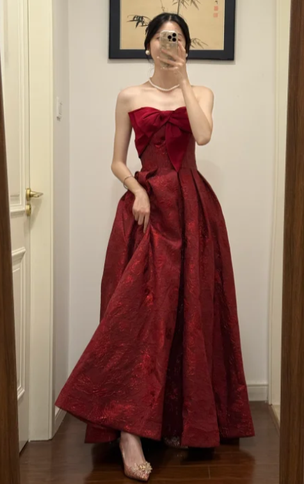 Pretty Burgundy A Line Strapless Satin Without Sleeves Long Prom Dress,Evening Dress GG5532