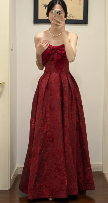 Pretty Burgundy A Line Strapless Satin Without Sleeves Long Prom Dress,Evening Dress GG5532