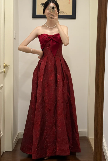 Pretty Burgundy A Line Strapless Satin Without Sleeves Long Prom Dress,Evening Dress GG5532