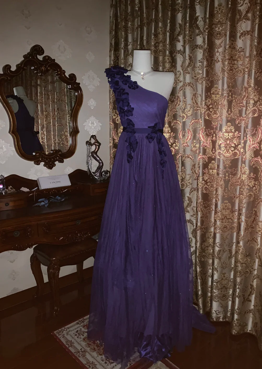 Dark Purple A Line One Shoulder Tulle Applique Without Sleeves Long Prom Dress,Evening Dress GG5534