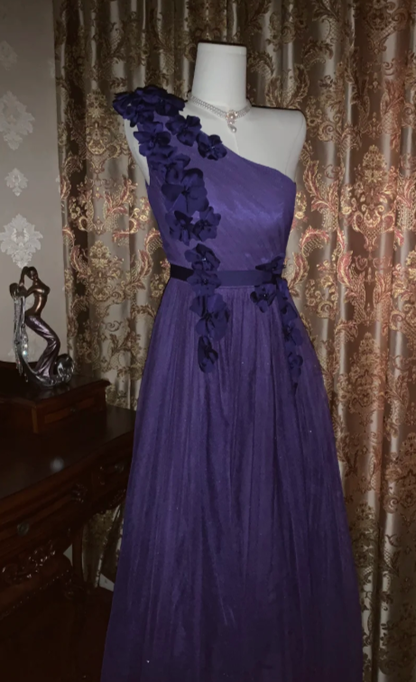 Dark Purple A Line One Shoulder Tulle Applique Without Sleeves Long Prom Dress,Evening Dress GG5534