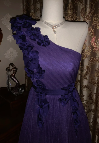 Dark Purple A Line One Shoulder Tulle Applique Without Sleeves Long Prom Dress,Evening Dress GG5534