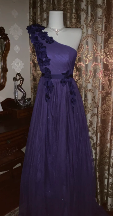 Dark Purple A Line One Shoulder Tulle Applique Without Sleeves Long Prom Dress,Evening Dress GG5534