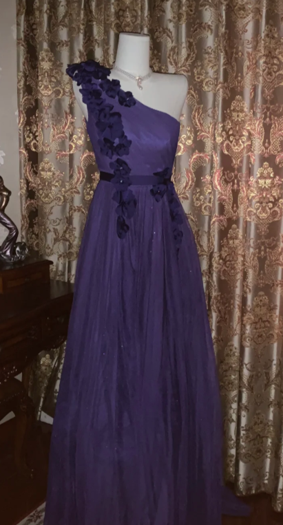 Dark Purple A Line One Shoulder Tulle Applique Without Sleeves Long Prom Dress,Evening Dress GG5534