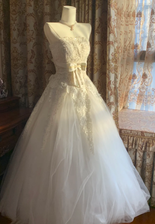 Pretty Ball Gown Strapless Tulle Lace Without Sleeves Long Prom Dress,Evening Dress GG5535