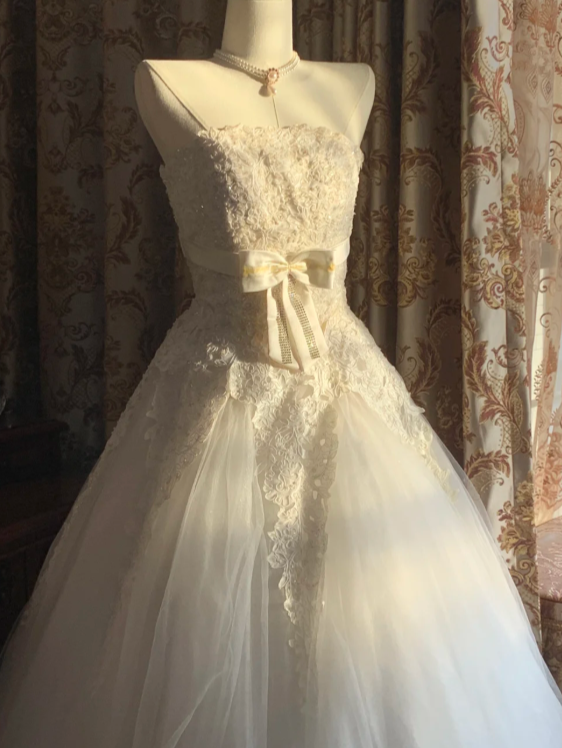 Pretty Ball Gown Strapless Tulle Lace Without Sleeves Long Prom Dress,Evening Dress GG5535