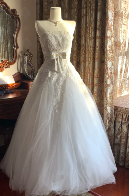 Pretty Ball Gown Strapless Tulle Lace Without Sleeves Long Prom Dress,Evening Dress GG5535