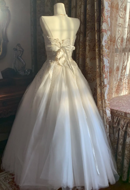 Pretty Ball Gown Strapless Tulle Lace Without Sleeves Long Prom Dress,Evening Dress GG5535