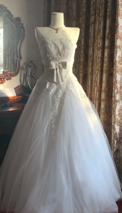 Pretty Ball Gown Strapless Tulle Lace Without Sleeves Long Prom Dress,Evening Dress GG5535