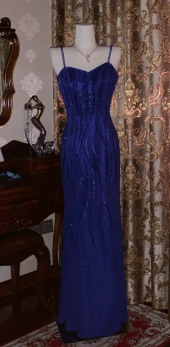 Chic Mermaid Spaghetti Straps Satin Sequin Beaded Without Sleeves Long Prom Dress,Evening Dress GG5538