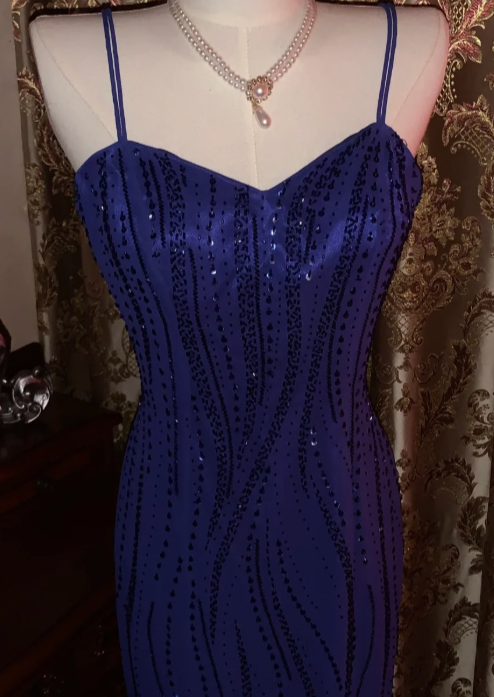 Chic Mermaid Spaghetti Straps Satin Sequin Beaded Without Sleeves Long Prom Dress,Evening Dress GG5538