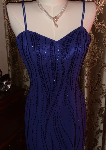 Chic Mermaid Spaghetti Straps Satin Sequin Beaded Without Sleeves Long Prom Dress,Evening Dress GG5538