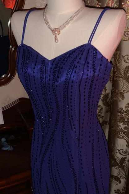 Chic Mermaid Spaghetti Straps Satin Sequin Beaded Without Sleeves Long Prom Dress,Evening Dress GG5538