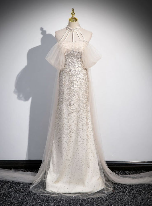 Graceful Mermaid Halter Champagne Tulle Sequin Long Prom Dress,Evening Dress GG554