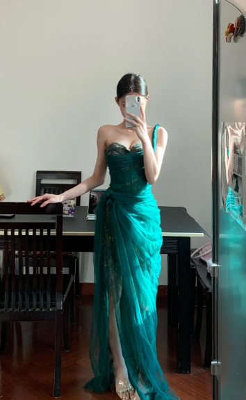 Green Sexy Mermaid One Shoulder Tulle Lace Without Sleeves Long Prom Dress,Evening Dress GG5541
