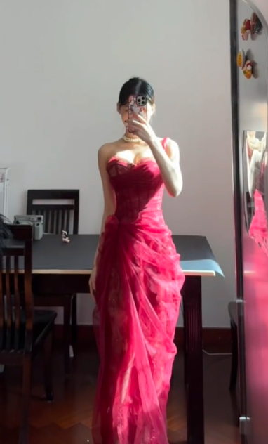 Hot Pink Sexy Mermaid One Shoulder Tulle Lace Without Sleeves Long Prom Dress,Evening Dress GG5542