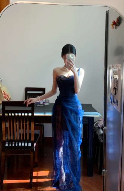 Blue Sexy Mermaid One Shoulder Tulle Lace Without Sleeves Long Prom Dress,Evening Dress GG5543