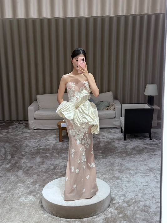 Chic Mermaid Strapless Satin Tulle Applique Without Sleeves Long Prom Dress,Evening Dress GG5546