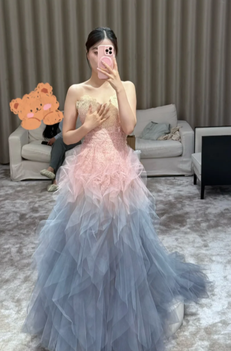 Pretty A Line Strapless Gradient Tulle Without Sleeves Long Prom Dress,Evening Dress GG5547