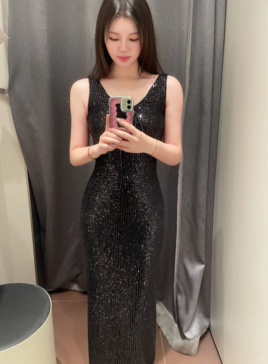 Shiny Mermaid Black V Neck Sequin Without Sleeves Long Prom Dress,Evening Dress GG5550