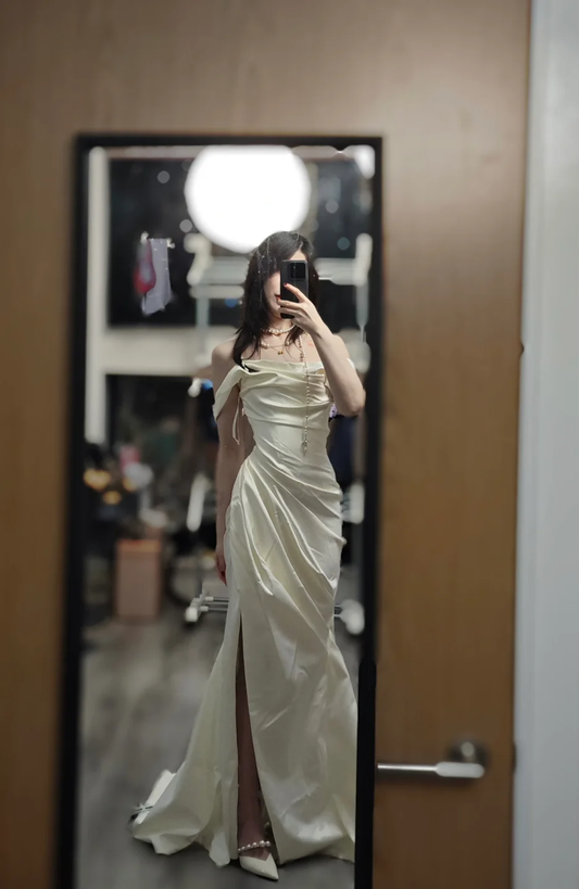 Elegant Mermaid Off The Shoulder Pleated Satin Slit Without Sleeves Long Prom Dress,Evening Dress GG5553