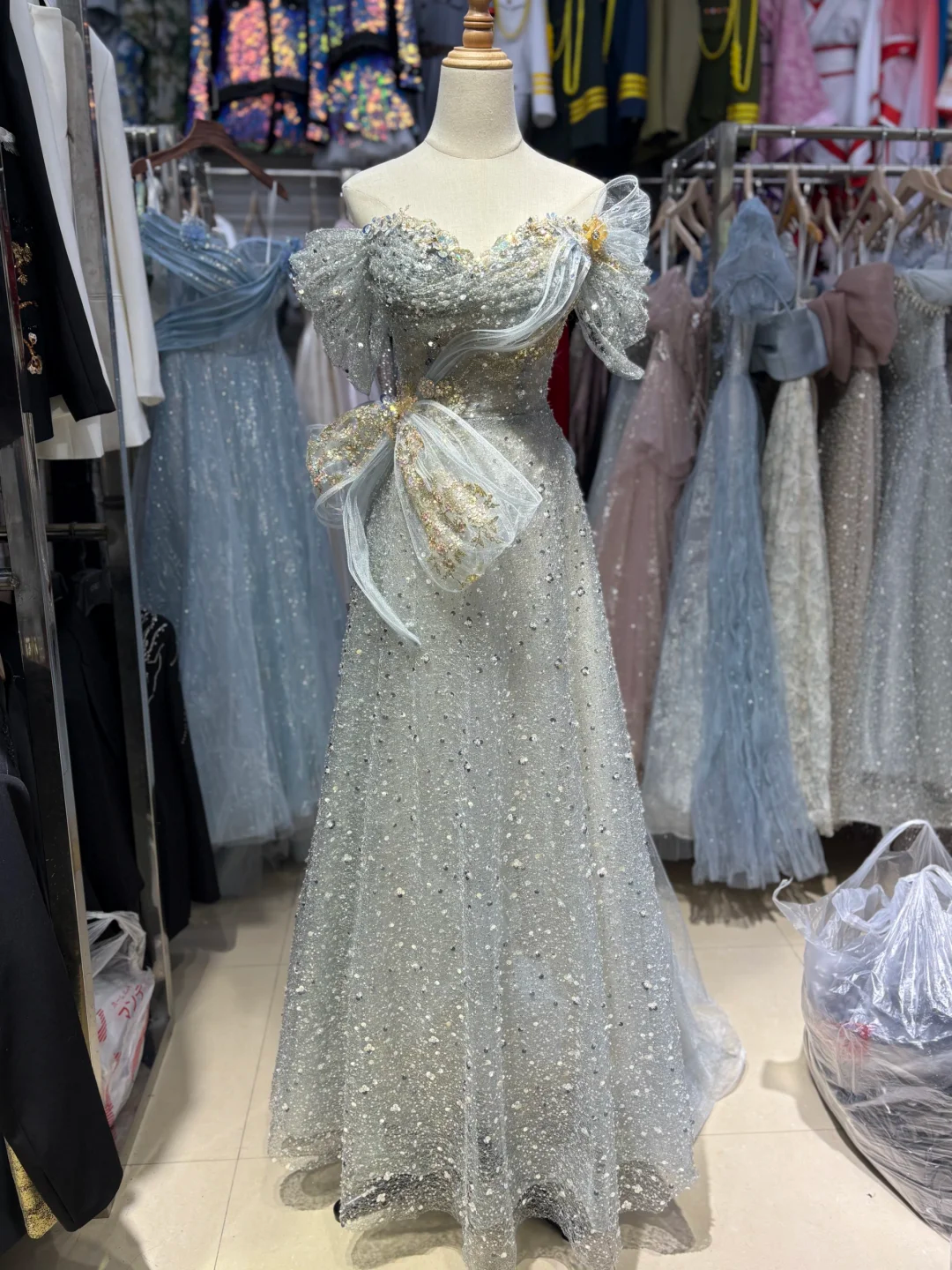 Gorgeous A Line Off The Shoulder Tulle Sequin Beaded Without Sleeves Long Prom Dress,Evening Dress GG5556