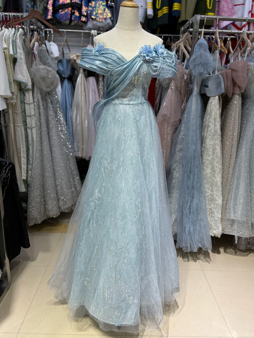 Pretty A Line Off The Shoulder Tulle Sequin Without Sleeves Long Prom Dress,Evening Dress GG5557