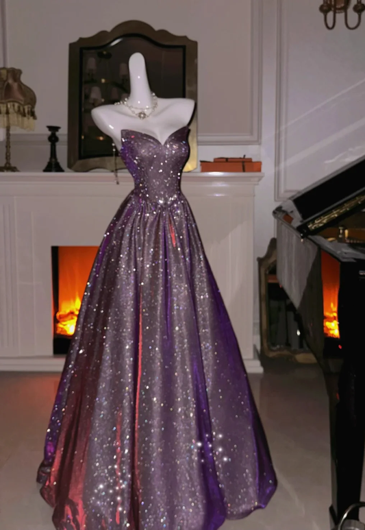 Shiny A Line Strapless Satin Sequin Without Sleeves Long Prom Dress,Evening Dress GG5559