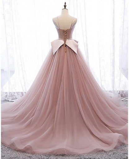 Exquisite A Line Spaghetti Straps Nude Pink Tulle Bow Long Prom Dress,Evening Dress GG556