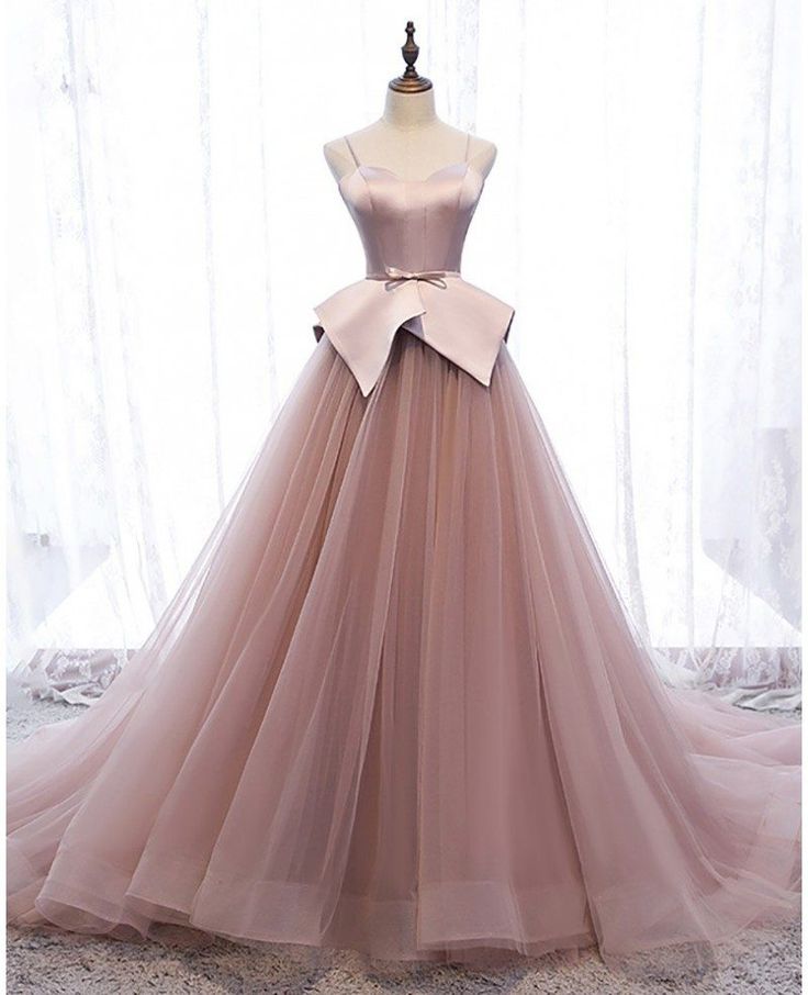 Exquisite A Line Spaghetti Straps Nude Pink Tulle Bow Long Prom Dress,Evening Dress GG556