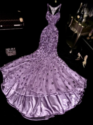 Gorgeous Mermaid V Neck Satin Tulle Beaded Applique Without Sleeves Long Prom Dress,Evening Dress GG5560